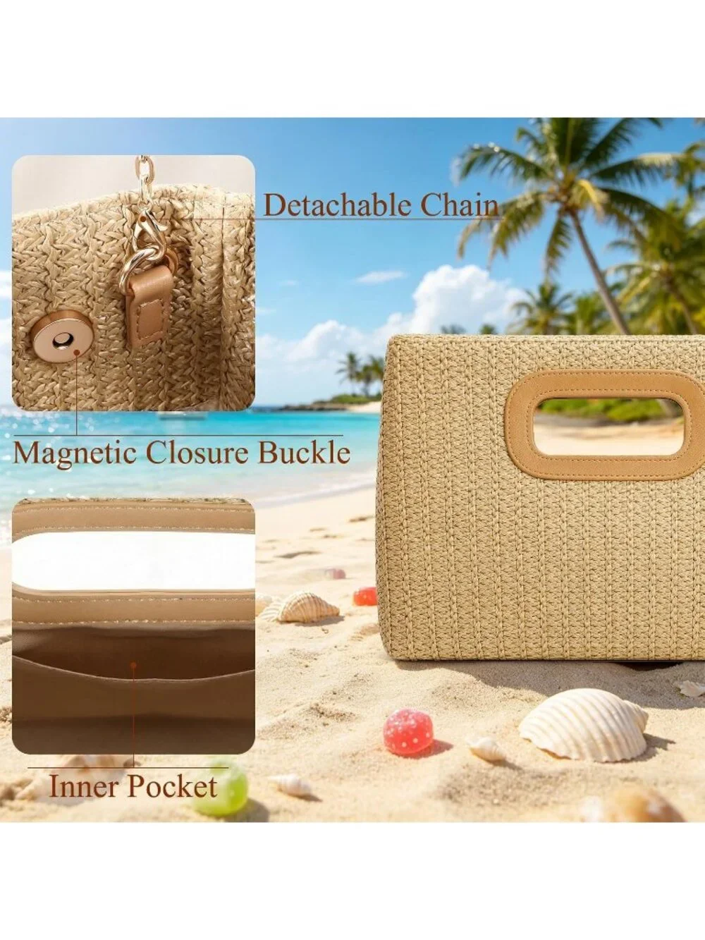 Women's Khaki Clutch Handbag Modern Faux Leather with Metal Handle Evening Bag